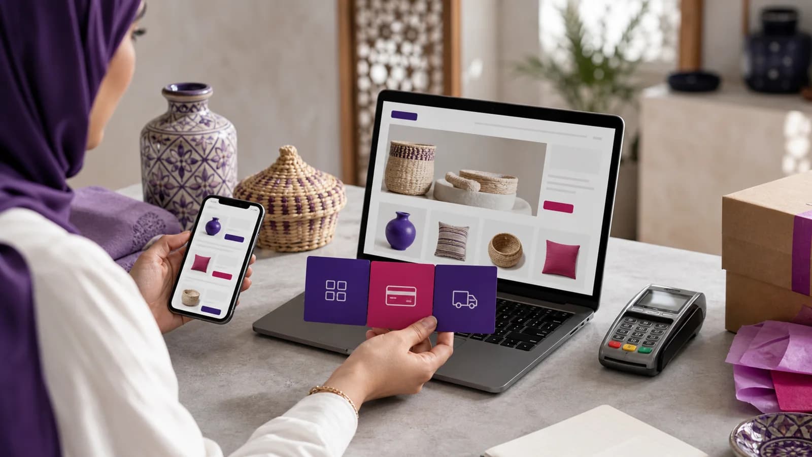Commerçante marocaine préparant le budget, le paiement et la livraison de sa boutique en ligne