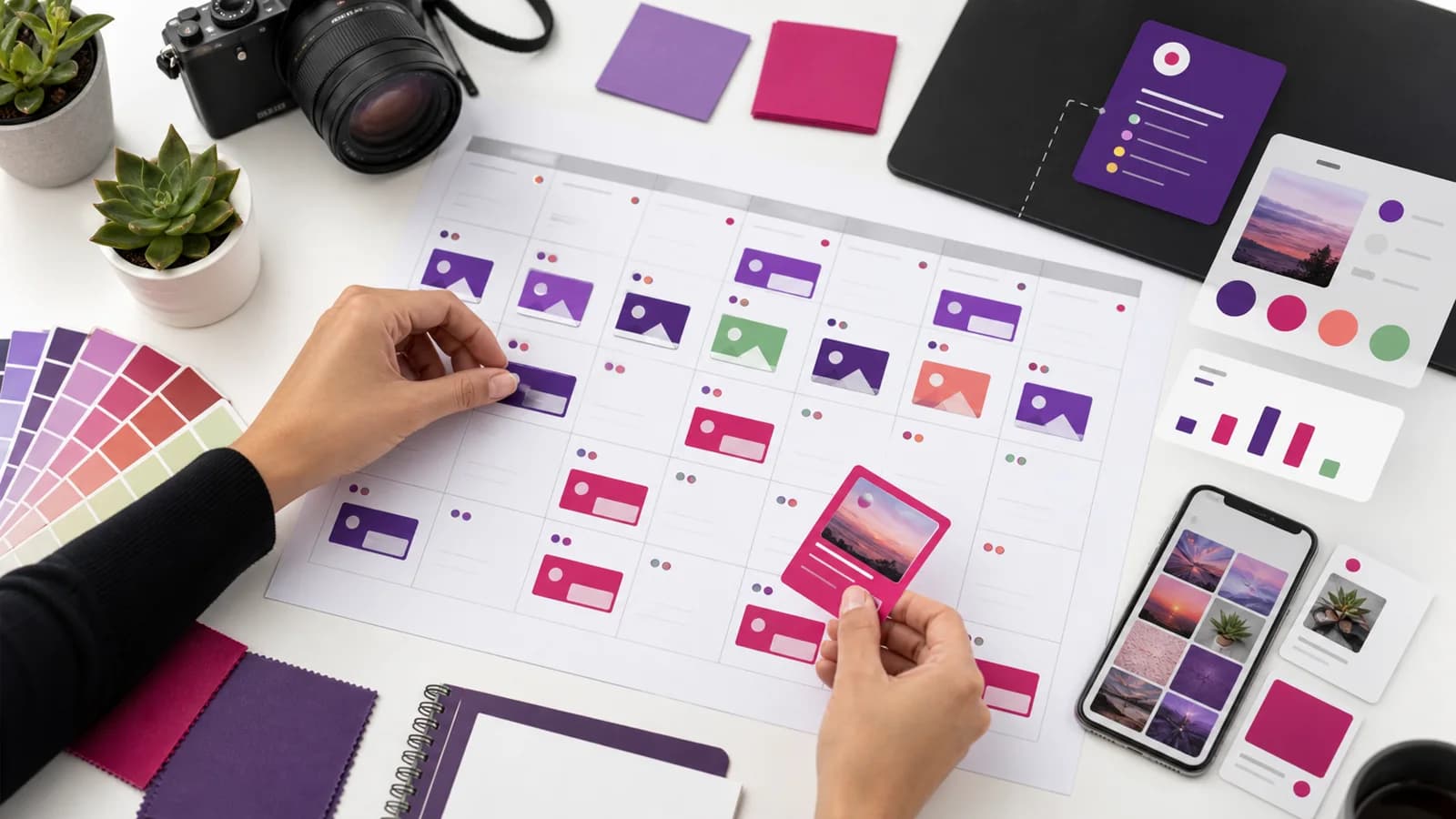 Calendrier social media mensuel avec trois publications planifiées chaque semaine