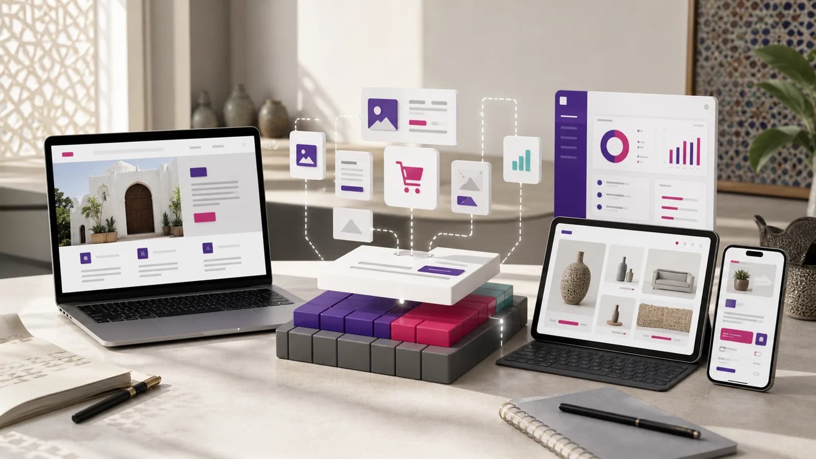 Écosystème de développement web au Maroc avec site, e-commerce et application métier
